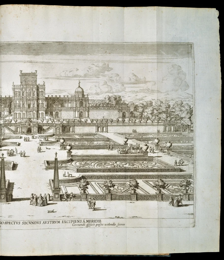An illustration from Villa Pamphilia : eiusque palatium, cum suis prospectibus, statuae, fontes, vivaria, theatra, areolae, plantarum, viarumque ordines, cum eiusdem villae absoluta delineatione, 1650, leaf 166