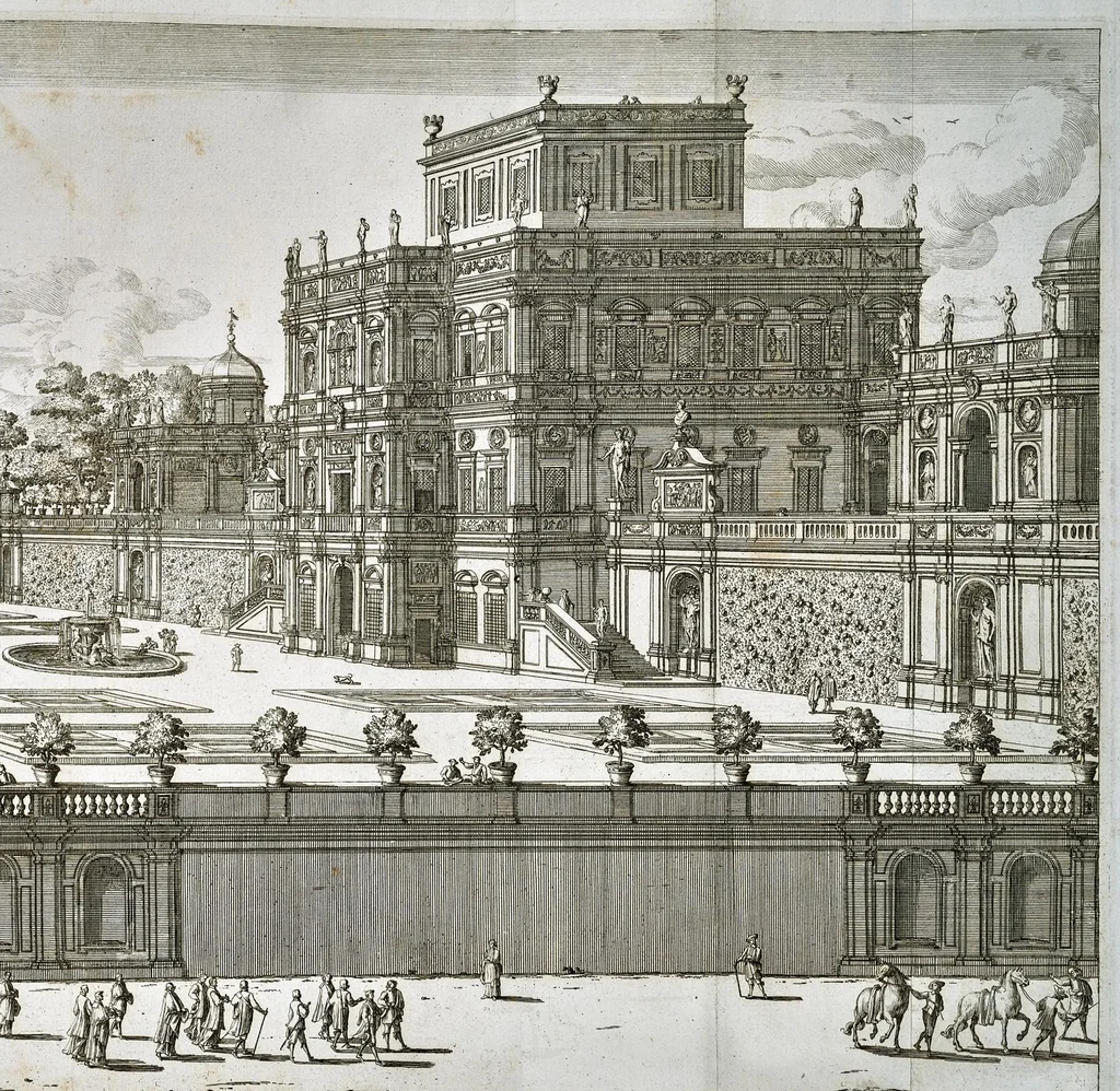 An illustration from Villa Pamphilia : eiusque palatium, cum suis prospectibus, statuae, fontes, vivaria, theatra, areolae, plantarum, viarumque ordines, cum eiusdem villae absoluta delineatione, 1650, leaf 170