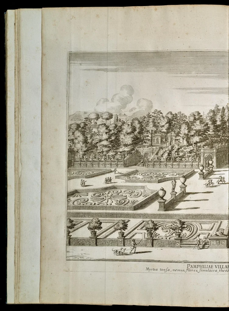 An illustration from Villa Pamphilia : eiusque palatium, cum suis prospectibus, statuae, fontes, vivaria, theatra, areolae, plantarum, viarumque ordines, cum eiusdem villae absoluta delineatione, 1650, leaf 173