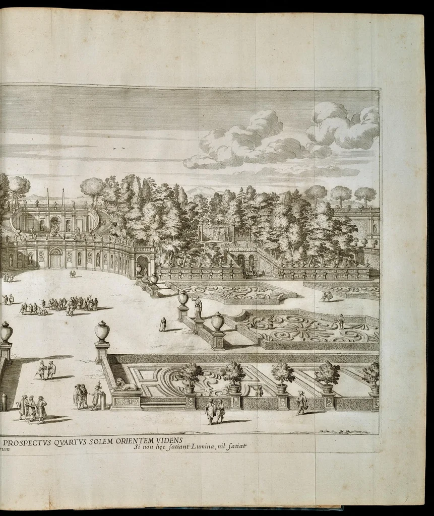 An illustration from Villa Pamphilia : eiusque palatium, cum suis prospectibus, statuae, fontes, vivaria, theatra, areolae, plantarum, viarumque ordines, cum eiusdem villae absoluta delineatione, 1650, leaf 174