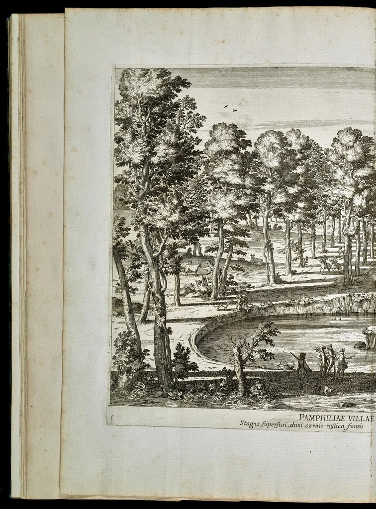 An illustration from Villa Pamphilia : eiusque palatium, cum suis prospectibus, statuae, fontes, vivaria, theatra, areolae, plantarum, viarumque ordines, cum eiusdem villae absoluta delineatione, 1650, leaf 177