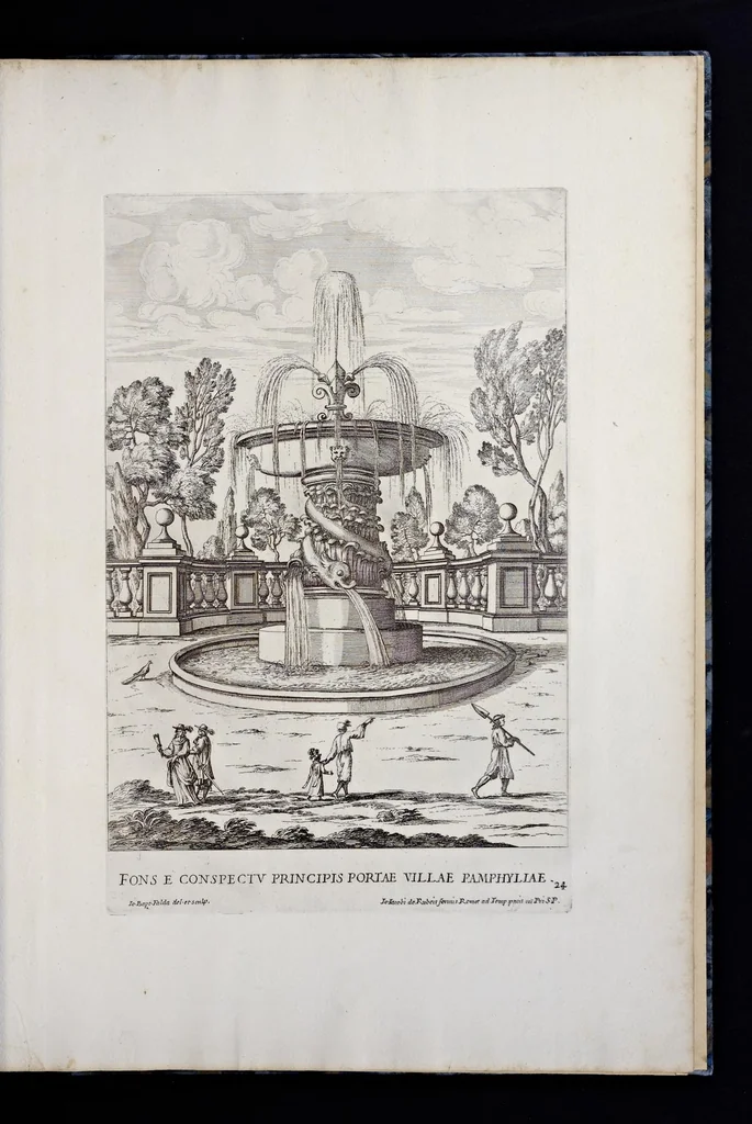 An illustration from Villa Pamphilia : eiusque palatium, cum suis prospectibus, statuae, fontes, vivaria, theatra, areolae, plantarum, viarumque ordines, cum eiusdem villae absoluta delineatione, 1650, leaf 182