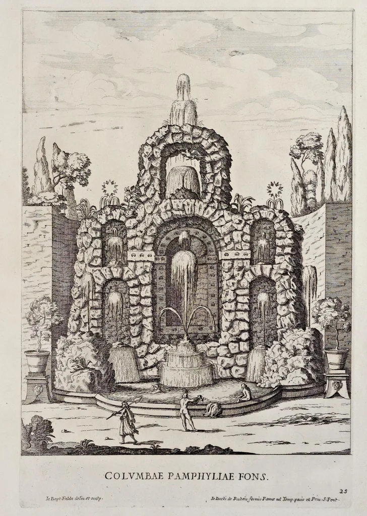An illustration from Villa Pamphilia : eiusque palatium, cum suis prospectibus, statuae, fontes, vivaria, theatra, areolae, plantarum, viarumque ordines, cum eiusdem villae absoluta delineatione, 1650, leaf 184