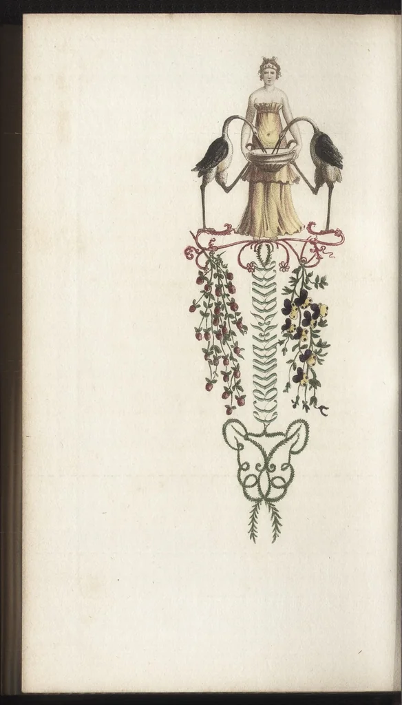 An illustration from Arabesques mythologiques, ou, Les attributs de toutes les divinités de la fable : en 54 planches gravées d'après les dessins coloriés de Madame de Genlis ... : ouvrage fait pour servir à l'éducation de la jeunesse, 1810, leaf 203