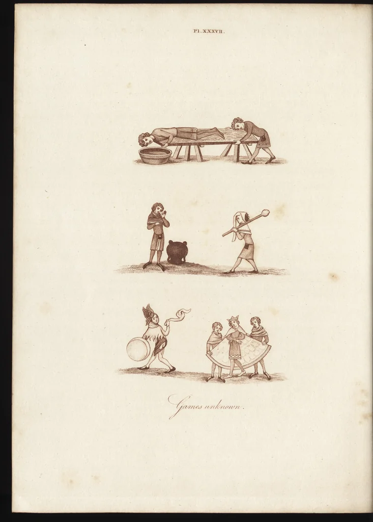 An illustration from Glig-gamena angel-deod, or, The sports and pastimes of the people of England : including the rural and domestic recreations, May-games, mummeries, pageants, processions, and pompous spectacles, from the earliest period to the present time : illustrated by engravings selected from ancient paintings in which are represented most of the popular diversions, 1810, leaf 493