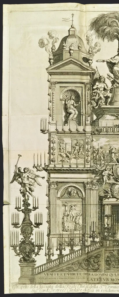 An illustration from Roma festeggiante nel Monte Pincio : negli applausi alle glorie della pietà del cristianissimo Lodovico il Grande, in occasione della da lui estirpata eresia, mediante l'editto di Fontanablò 1685, e della ricuperata sua salute celebrati dall' eminentissimo e reuerendissimo principe il signor cardinal d'Estrées .., 1687, leaf 105