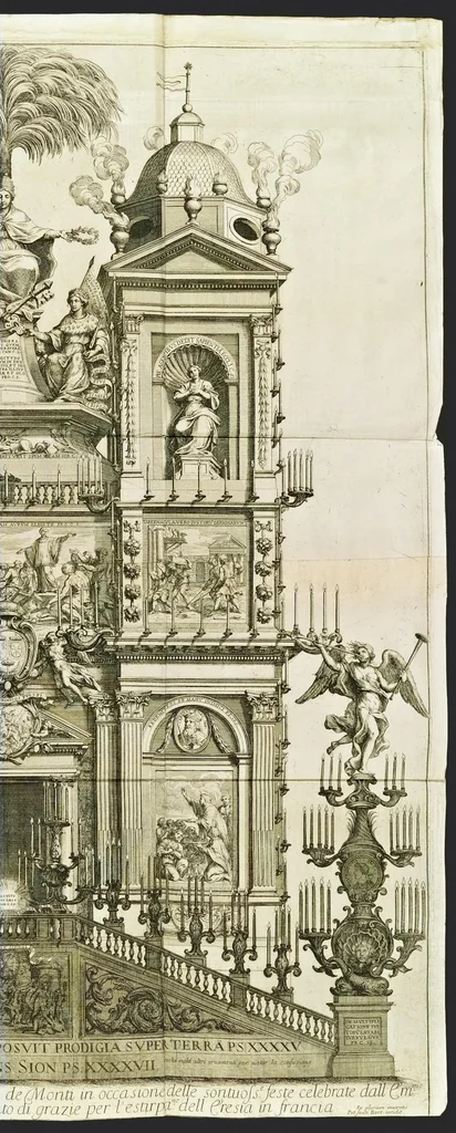 An illustration from Roma festeggiante nel Monte Pincio : negli applausi alle glorie della pietà del cristianissimo Lodovico il Grande, in occasione della da lui estirpata eresia, mediante l'editto di Fontanablò 1685, e della ricuperata sua salute celebrati dall' eminentissimo e reuerendissimo principe il signor cardinal d'Estrées .., 1687, leaf 106