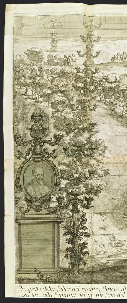 An illustration from Roma festeggiante nel Monte Pincio : negli applausi alle glorie della pietà del cristianissimo Lodovico il Grande, in occasione della da lui estirpata eresia, mediante l'editto di Fontanablò 1685, e della ricuperata sua salute celebrati dall' eminentissimo e reuerendissimo principe il signor cardinal d'Estrées .., 1687, leaf 109