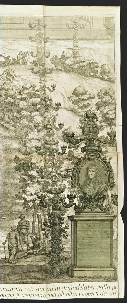 An illustration from Roma festeggiante nel Monte Pincio : negli applausi alle glorie della pietà del cristianissimo Lodovico il Grande, in occasione della da lui estirpata eresia, mediante l'editto di Fontanablò 1685, e della ricuperata sua salute celebrati dall' eminentissimo e reuerendissimo principe il signor cardinal d'Estrées .., 1687, leaf 110