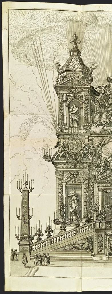An illustration from Roma festeggiante nel Monte Pincio : negli applausi alle glorie della pietà del cristianissimo Lodovico il Grande, in occasione della da lui estirpata eresia, mediante l'editto di Fontanablò 1685, e della ricuperata sua salute celebrati dall' eminentissimo e reuerendissimo principe il signor cardinal d'Estrées .., 1687, leaf 113