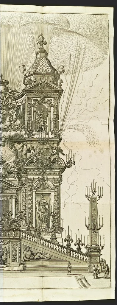 An illustration from Roma festeggiante nel Monte Pincio : negli applausi alle glorie della pietà del cristianissimo Lodovico il Grande, in occasione della da lui estirpata eresia, mediante l'editto di Fontanablò 1685, e della ricuperata sua salute celebrati dall' eminentissimo e reuerendissimo principe il signor cardinal d'Estrées .., 1687, leaf 114