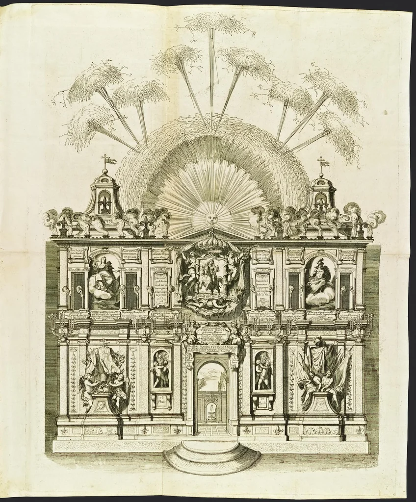 An illustration from Roma festeggiante nel Monte Pincio : negli applausi alle glorie della pietà del cristianissimo Lodovico il Grande, in occasione della da lui estirpata eresia, mediante l'editto di Fontanablò 1685, e della ricuperata sua salute celebrati dall' eminentissimo e reuerendissimo principe il signor cardinal d'Estrées .., 1687, leaf 120
