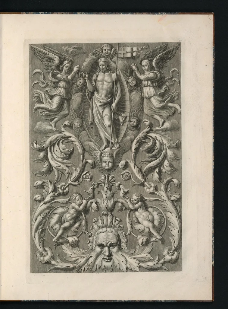 An illustration from Ornati d'invenzione di Raffaele Sanzio di Urbino esistenti nel coro di S. Pietro in Perugia : in numero venti rami, 1811, leaf 16