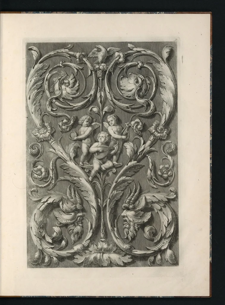 An illustration from Ornati d'invenzione di Raffaele Sanzio di Urbino esistenti nel coro di S. Pietro in Perugia : in numero venti rami, 1811, leaf 22