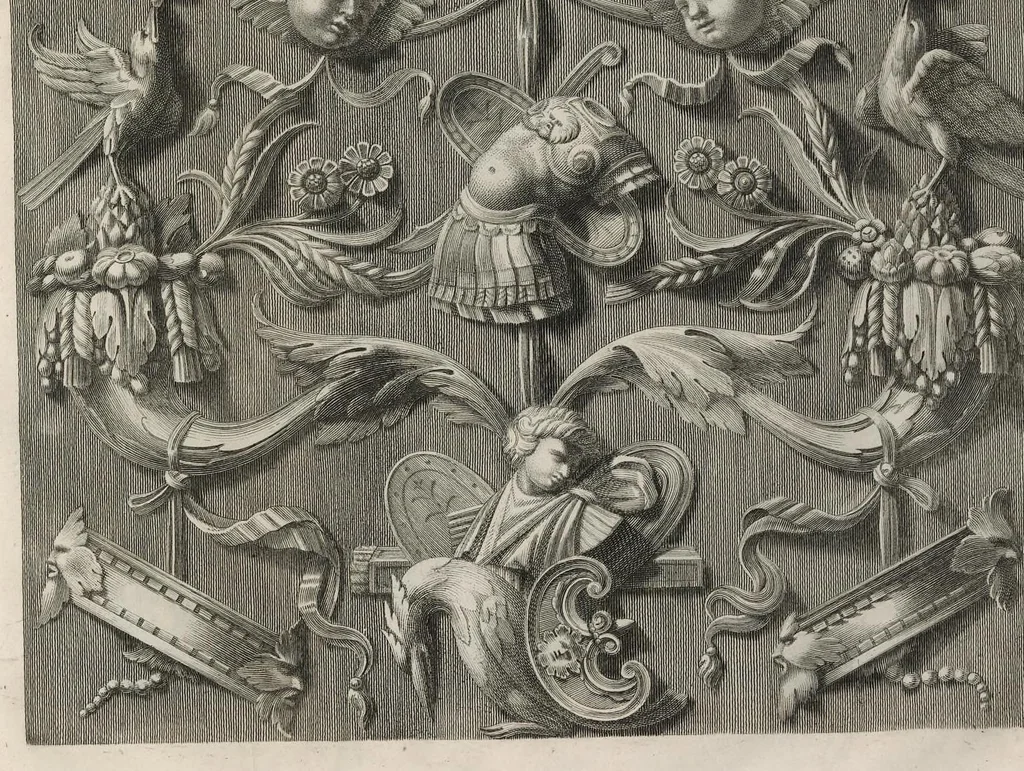 An illustration from Ornati d'invenzione di Raffaele Sanzio di Urbino esistenti nel coro di S. Pietro in Perugia : in numero venti rami, 1811, leaf 36