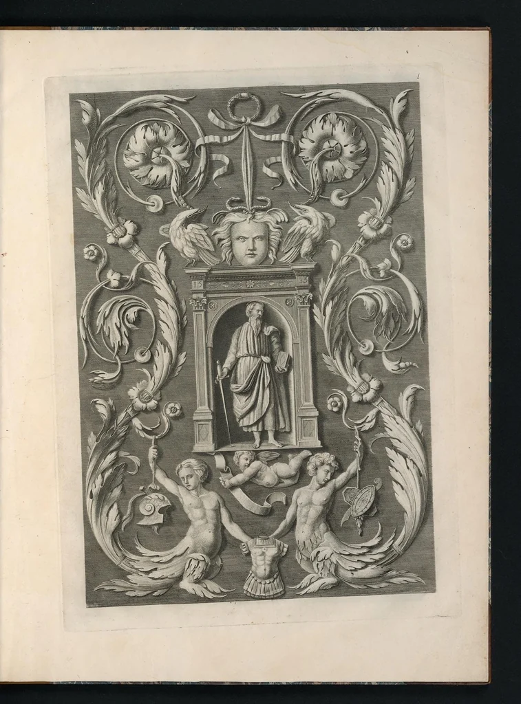 An illustration from Ornati d'invenzione di Raffaele Sanzio di Urbino esistenti nel coro di S. Pietro in Perugia : in numero venti rami, 1811, leaf 6