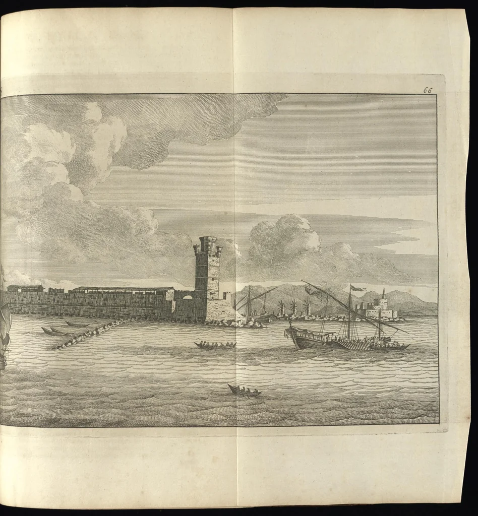 An illustration from Reizen van Cornelis de Bruyn, door de vermaardste deelen van Klein Asia, de eylanden Scio, Rhodus, Cyprus, Metelino, Stanchio, &c., mitsgaders de voornaamste steden van Aegypten, Syrien en Palestina : verrijkt met meer als 200 kopere konstplaaten, vertoonende de beroemdste landschappen, steden, &c. alles door den autheur selfs na het leven afgetekend, 1698, leaf 308