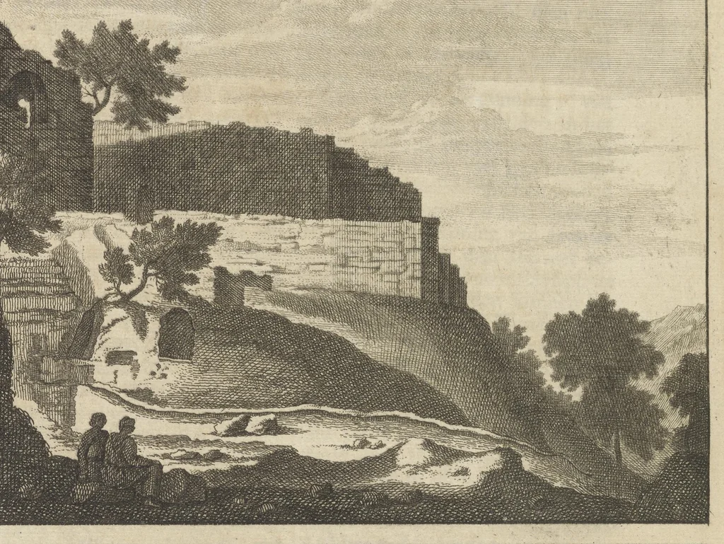 An illustration from Reizen van Cornelis de Bruyn, door de vermaardste deelen van Klein Asia, de eylanden Scio, Rhodus, Cyprus, Metelino, Stanchio, &c., mitsgaders de voornaamste steden van Aegypten, Syrien en Palestina : verrijkt met meer als 200 kopere konstplaaten, vertoonende de beroemdste landschappen, steden, &c. alles door den autheur selfs na het leven afgetekend, 1698, leaf 490