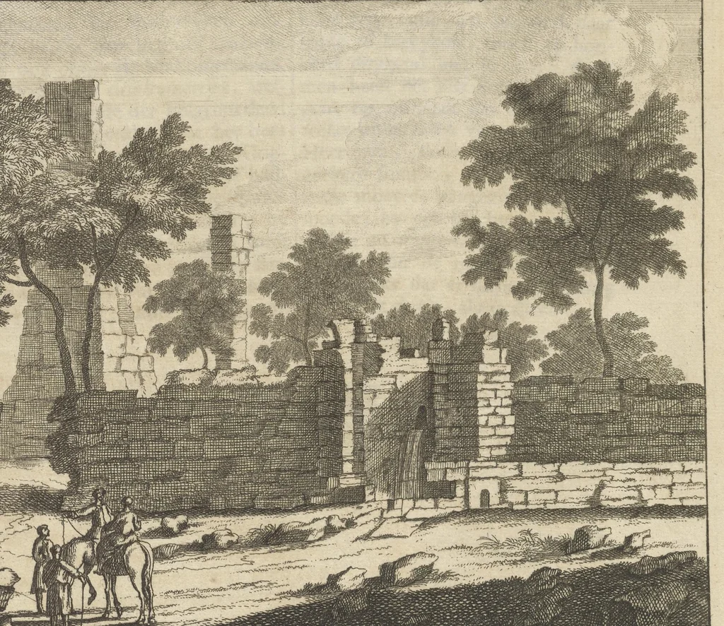 An illustration from Reizen van Cornelis de Bruyn, door de vermaardste deelen van Klein Asia, de eylanden Scio, Rhodus, Cyprus, Metelino, Stanchio, &c., mitsgaders de voornaamste steden van Aegypten, Syrien en Palestina : verrijkt met meer als 200 kopere konstplaaten, vertoonende de beroemdste landschappen, steden, &c. alles door den autheur selfs na het leven afgetekend, 1698, leaf 490