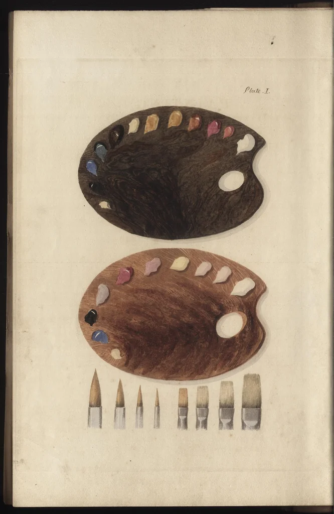 An illustration from On painting in oil and water colours, for landscape and portraits, including the preparation of colours, vehicles, oils &c., method of painting in wax, or encaustic : also on the chemical properties and permanency of colours, and on the best methods of cleaning and repairing old paintings, &c., 1839, leaf 9