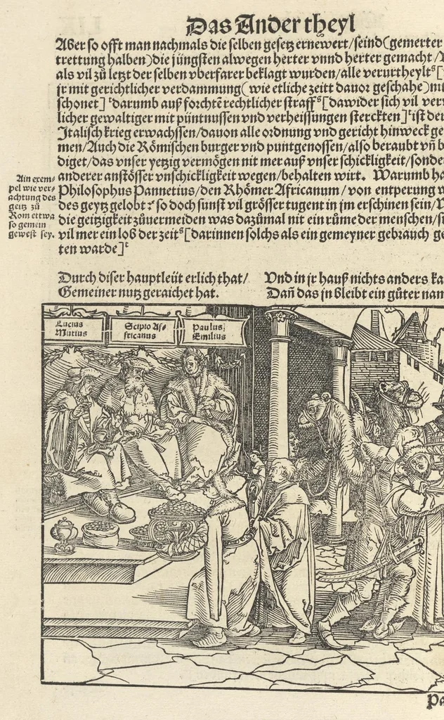 An illustration from Officia M.T.C. : ein Bůch, so Marcus Tullius Cicero der Römer, zů seynem Sune Marco, von den tugentsamen Ämptern vnd Zůgehörungen, eynes wol vnd rechtlebenden Menschen, 1531, leaf 135