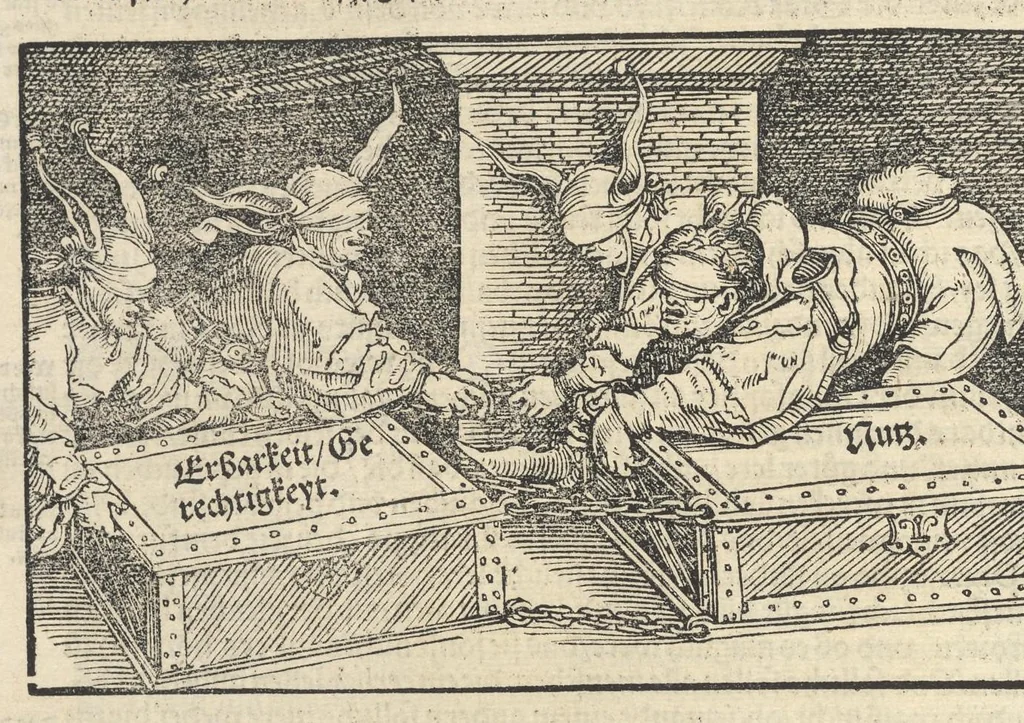 An illustration from Officia M.T.C. : ein Bůch, so Marcus Tullius Cicero der Römer, zů seynem Sune Marco, von den tugentsamen Ämptern vnd Zůgehörungen, eynes wol vnd rechtlebenden Menschen, 1531, leaf 145