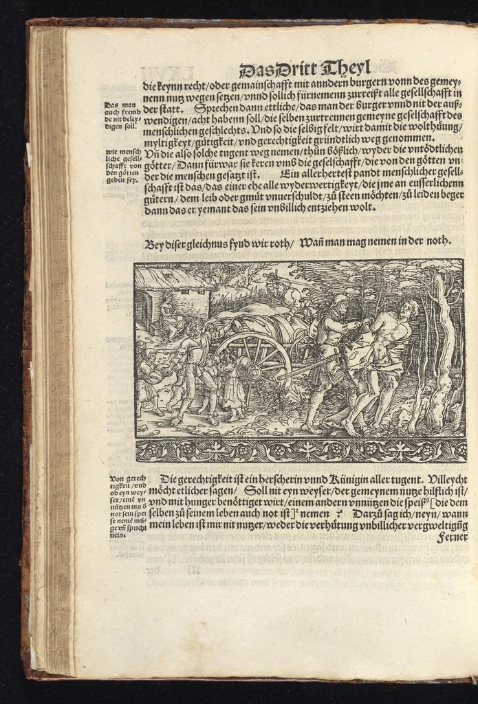 An illustration from Officia M.T.C. : ein Bůch, so Marcus Tullius Cicero der Römer, zů seynem Sune Marco, von den tugentsamen Ämptern vnd Zůgehörungen, eynes wol vnd rechtlebenden Menschen, 1531, leaf 151