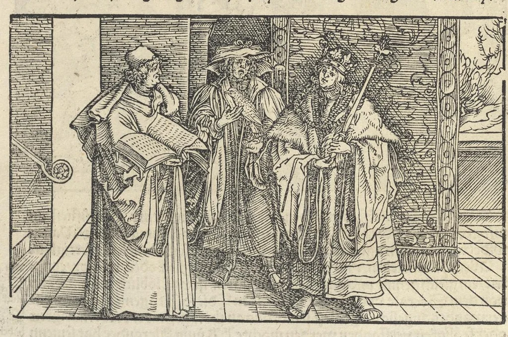 An illustration from Officia M.T.C. : ein Bůch, so Marcus Tullius Cicero der Römer, zů seynem Sune Marco, von den tugentsamen Ämptern vnd Zůgehörungen, eynes wol vnd rechtlebenden Menschen, 1531, leaf 61