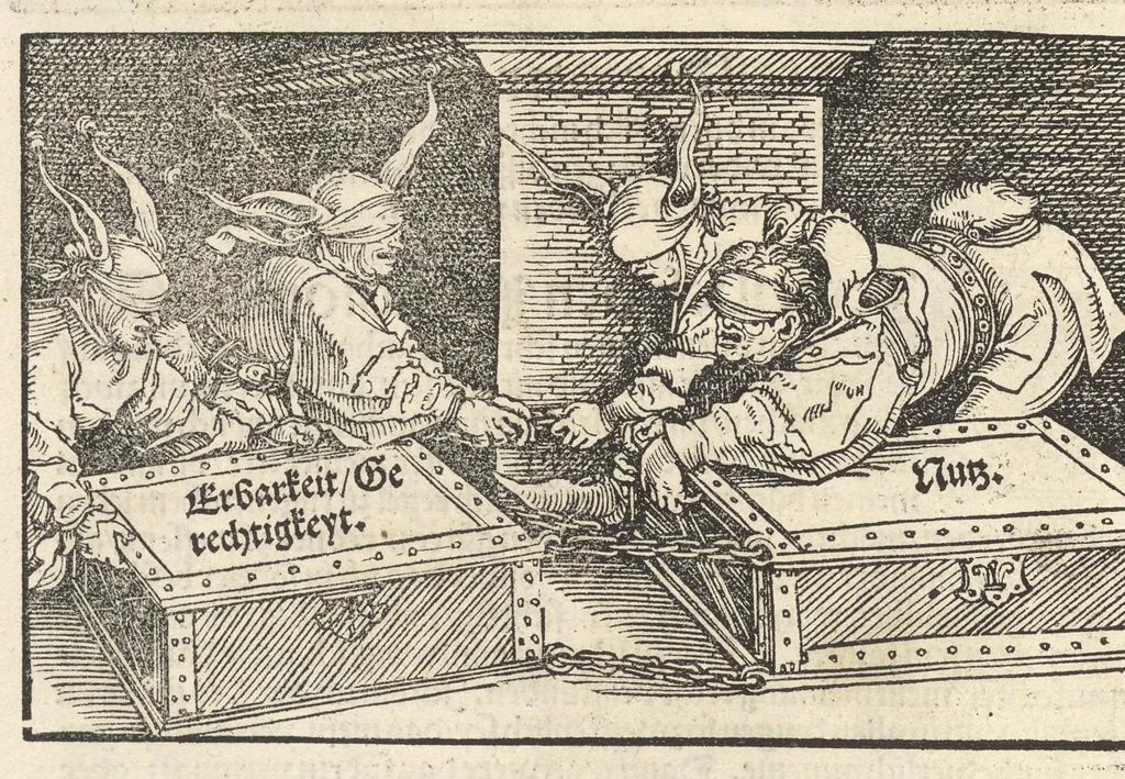 An illustration from Officia M.T.C. : ein Bůch, so Marcus Tullius Cicero der Römer, zů seynem Sune Marco, von den tugentsamen Ämptern vnd Zůgehörungen, eynes wol vnd rechtlebenden Menschen, 1531, leaf 97