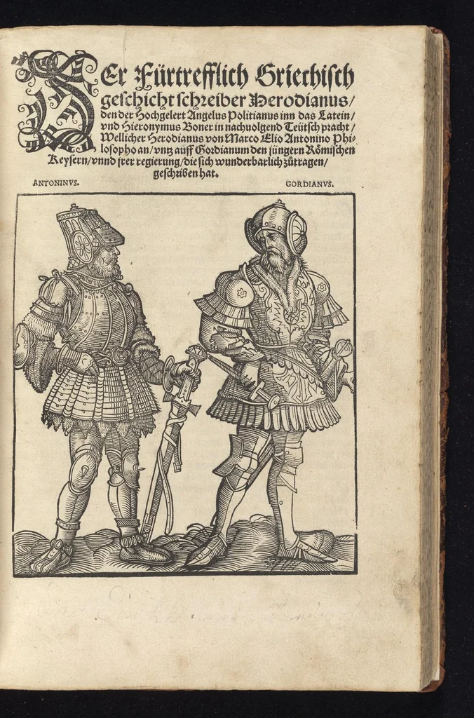 An illustration from Der fürtrefflich griechisch Geschichtschreiber Herodianus, den der hochgelert Angelus Politianus inn das Latein, vnd Hieronymus Boner in nachuolgend Teütsch pracht : wellicher Herodianus von Marco Elio Antonino Philosopho an, vntz auff Gordianum den jüngern römischen Keysern, vnnd jrer Regierung, die sich wunderbarlich zůtragen, geschriben hat, 1531, leaf 2