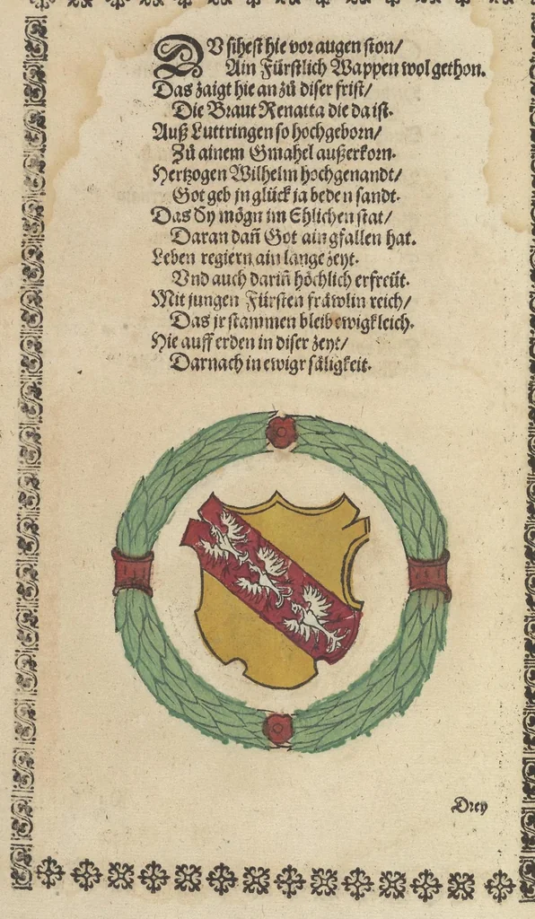 An illustration from Ordenliche Beschreybung der fürstlichen Hochzeyt, die da gehalten ist worden, durch den durchleüchtigen, hochgebornen Fürsten vnnd Herrn, Herrn Wilhelm Pfaltzgraf beim Rheyn, Hertzog inn Obern vnd Nidern Bayern [et]c. mit dem hochgebornen Fräwlin Renatta, geborne Hertzogin auss Luttringe[n] : den 21. Tag Februarij, des 1568. Jars, in der fürstlichen Statt München, vnd an die kaiserliche Maiestet geschriben, vnd ... in teütsche Carmina gestellt, 1568, leaf 11