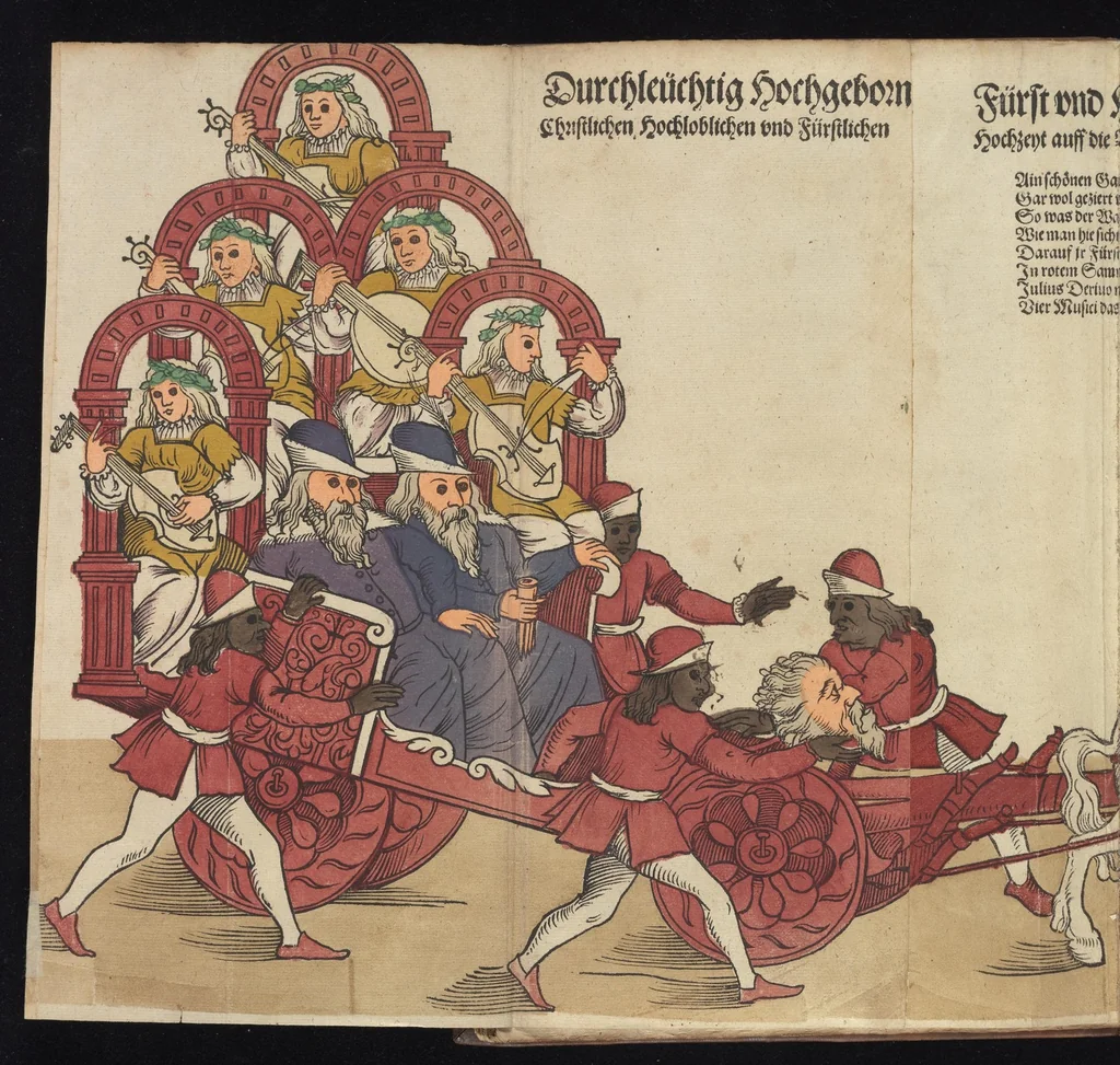 An illustration from Ordenliche Beschreybung der fürstlichen Hochzeyt, die da gehalten ist worden, durch den durchleüchtigen, hochgebornen Fürsten vnnd Herrn, Herrn Wilhelm Pfaltzgraf beim Rheyn, Hertzog inn Obern vnd Nidern Bayern [et]c. mit dem hochgebornen Fräwlin Renatta, geborne Hertzogin auss Luttringe[n] : den 21. Tag Februarij, des 1568. Jars, in der fürstlichen Statt München, vnd an die kaiserliche Maiestet geschriben, vnd ... in teütsche Carmina gestellt, 1568, leaf 127