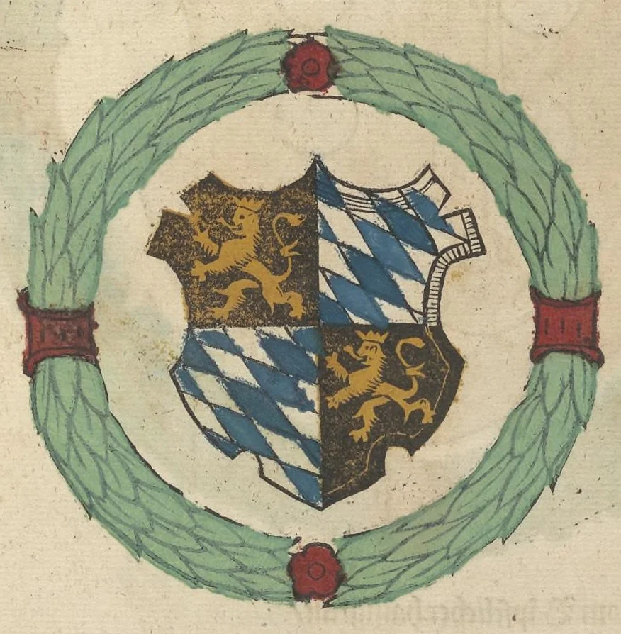 An illustration from Ordenliche Beschreybung der fürstlichen Hochzeyt, die da gehalten ist worden, durch den durchleüchtigen, hochgebornen Fürsten vnnd Herrn, Herrn Wilhelm Pfaltzgraf beim Rheyn, Hertzog inn Obern vnd Nidern Bayern [et]c. mit dem hochgebornen Fräwlin Renatta, geborne Hertzogin auss Luttringe[n] : den 21. Tag Februarij, des 1568. Jars, in der fürstlichen Statt München, vnd an die kaiserliche Maiestet geschriben, vnd ... in teütsche Carmina gestellt, 1568, leaf 14