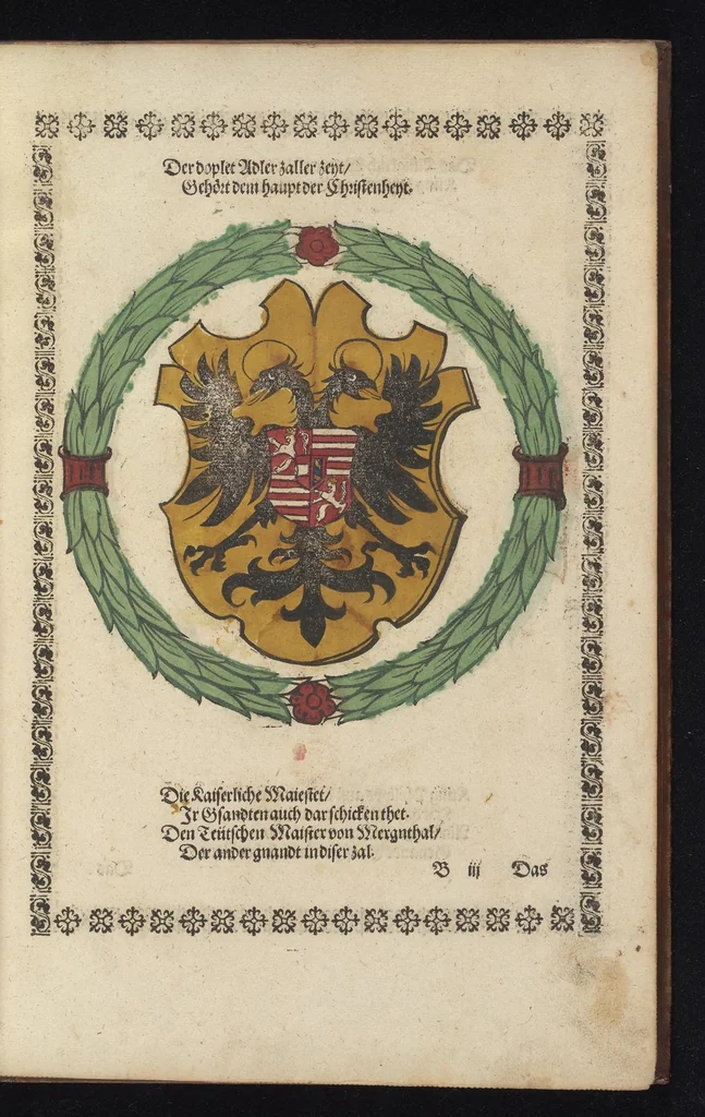An illustration from Ordenliche Beschreybung der fürstlichen Hochzeyt, die da gehalten ist worden, durch den durchleüchtigen, hochgebornen Fürsten vnnd Herrn, Herrn Wilhelm Pfaltzgraf beim Rheyn, Hertzog inn Obern vnd Nidern Bayern [et]c. mit dem hochgebornen Fräwlin Renatta, geborne Hertzogin auss Luttringe[n] : den 21. Tag Februarij, des 1568. Jars, in der fürstlichen Statt München, vnd an die kaiserliche Maiestet geschriben, vnd ... in teütsche Carmina gestellt, 1568, leaf 16