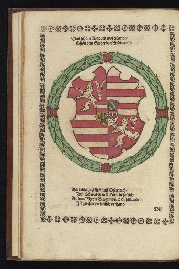 An illustration from Ordenliche Beschreybung der fürstlichen Hochzeyt, die da gehalten ist worden, durch den durchleüchtigen, hochgebornen Fürsten vnnd Herrn, Herrn Wilhelm Pfaltzgraf beim Rheyn, Hertzog inn Obern vnd Nidern Bayern [et]c. mit dem hochgebornen Fräwlin Renatta, geborne Hertzogin auss Luttringe[n] : den 21. Tag Februarij, des 1568. Jars, in der fürstlichen Statt München, vnd an die kaiserliche Maiestet geschriben, vnd ... in teütsche Carmina gestellt, 1568, leaf 19