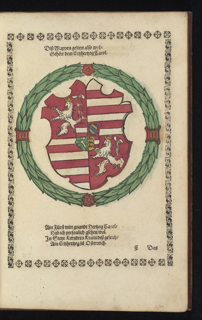 An illustration from Ordenliche Beschreybung der fürstlichen Hochzeyt, die da gehalten ist worden, durch den durchleüchtigen, hochgebornen Fürsten vnnd Herrn, Herrn Wilhelm Pfaltzgraf beim Rheyn, Hertzog inn Obern vnd Nidern Bayern [et]c. mit dem hochgebornen Fräwlin Renatta, geborne Hertzogin auss Luttringe[n] : den 21. Tag Februarij, des 1568. Jars, in der fürstlichen Statt München, vnd an die kaiserliche Maiestet geschriben, vnd ... in teütsche Carmina gestellt, 1568, leaf 20