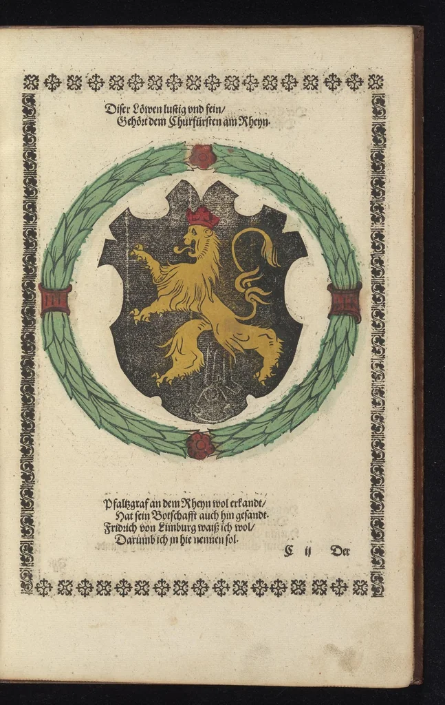 An illustration from Ordenliche Beschreybung der fürstlichen Hochzeyt, die da gehalten ist worden, durch den durchleüchtigen, hochgebornen Fürsten vnnd Herrn, Herrn Wilhelm Pfaltzgraf beim Rheyn, Hertzog inn Obern vnd Nidern Bayern [et]c. mit dem hochgebornen Fräwlin Renatta, geborne Hertzogin auss Luttringe[n] : den 21. Tag Februarij, des 1568. Jars, in der fürstlichen Statt München, vnd an die kaiserliche Maiestet geschriben, vnd ... in teütsche Carmina gestellt, 1568, leaf 22