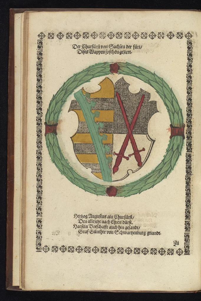 An illustration from Ordenliche Beschreybung der fürstlichen Hochzeyt, die da gehalten ist worden, durch den durchleüchtigen, hochgebornen Fürsten vnnd Herrn, Herrn Wilhelm Pfaltzgraf beim Rheyn, Hertzog inn Obern vnd Nidern Bayern [et]c. mit dem hochgebornen Fräwlin Renatta, geborne Hertzogin auss Luttringe[n] : den 21. Tag Februarij, des 1568. Jars, in der fürstlichen Statt München, vnd an die kaiserliche Maiestet geschriben, vnd ... in teütsche Carmina gestellt, 1568, leaf 23