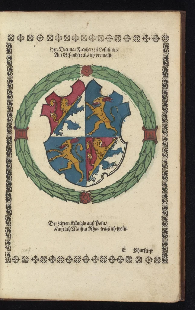 An illustration from Ordenliche Beschreybung der fürstlichen Hochzeyt, die da gehalten ist worden, durch den durchleüchtigen, hochgebornen Fürsten vnnd Herrn, Herrn Wilhelm Pfaltzgraf beim Rheyn, Hertzog inn Obern vnd Nidern Bayern [et]c. mit dem hochgebornen Fräwlin Renatta, geborne Hertzogin auss Luttringe[n] : den 21. Tag Februarij, des 1568. Jars, in der fürstlichen Statt München, vnd an die kaiserliche Maiestet geschriben, vnd ... in teütsche Carmina gestellt, 1568, leaf 36
