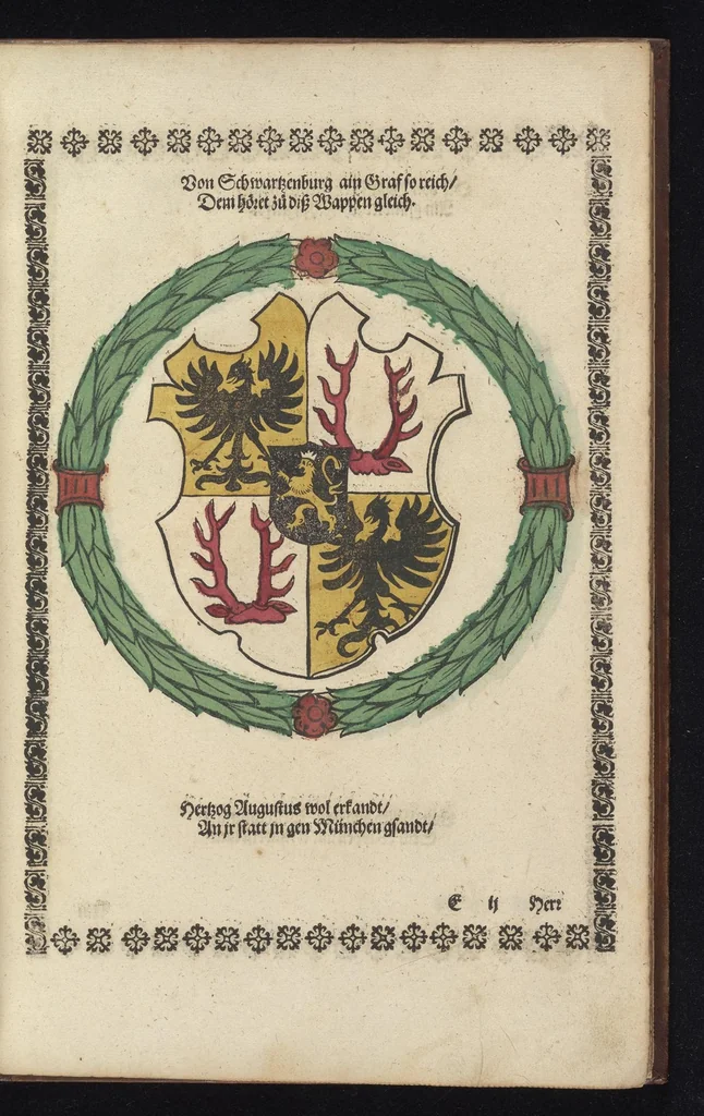 An illustration from Ordenliche Beschreybung der fürstlichen Hochzeyt, die da gehalten ist worden, durch den durchleüchtigen, hochgebornen Fürsten vnnd Herrn, Herrn Wilhelm Pfaltzgraf beim Rheyn, Hertzog inn Obern vnd Nidern Bayern [et]c. mit dem hochgebornen Fräwlin Renatta, geborne Hertzogin auss Luttringe[n] : den 21. Tag Februarij, des 1568. Jars, in der fürstlichen Statt München, vnd an die kaiserliche Maiestet geschriben, vnd ... in teütsche Carmina gestellt, 1568, leaf 38