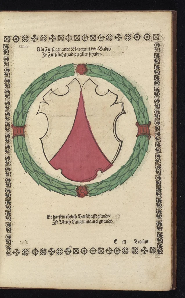 An illustration from Ordenliche Beschreybung der fürstlichen Hochzeyt, die da gehalten ist worden, durch den durchleüchtigen, hochgebornen Fürsten vnnd Herrn, Herrn Wilhelm Pfaltzgraf beim Rheyn, Hertzog inn Obern vnd Nidern Bayern [et]c. mit dem hochgebornen Fräwlin Renatta, geborne Hertzogin auss Luttringe[n] : den 21. Tag Februarij, des 1568. Jars, in der fürstlichen Statt München, vnd an die kaiserliche Maiestet geschriben, vnd ... in teütsche Carmina gestellt, 1568, leaf 40