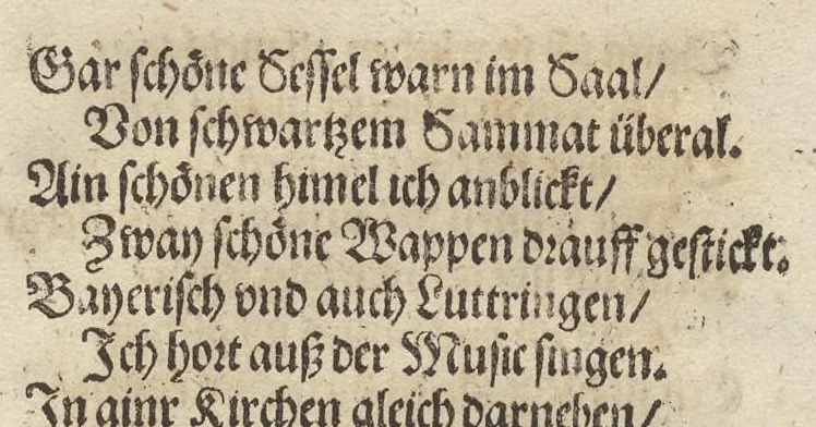 An illustration from Ordenliche Beschreybung der fürstlichen Hochzeyt, die da gehalten ist worden, durch den durchleüchtigen, hochgebornen Fürsten vnnd Herrn, Herrn Wilhelm Pfaltzgraf beim Rheyn, Hertzog inn Obern vnd Nidern Bayern [et]c. mit dem hochgebornen Fräwlin Renatta, geborne Hertzogin auss Luttringe[n] : den 21. Tag Februarij, des 1568. Jars, in der fürstlichen Statt München, vnd an die kaiserliche Maiestet geschriben, vnd ... in teütsche Carmina gestellt, 1568, leaf 72