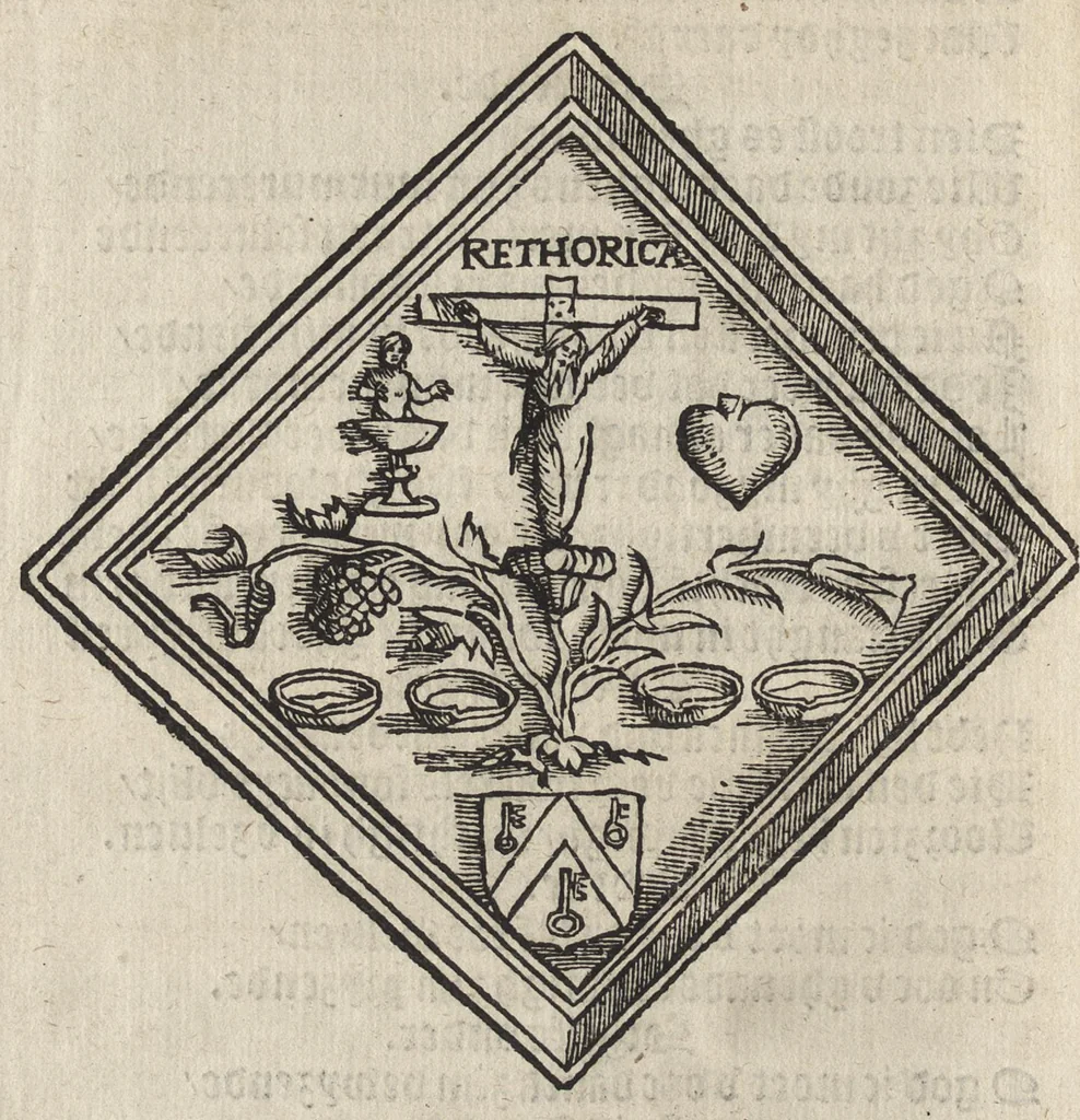 An illustration from Spelen va[n] zi[n]ne byden xix. gheco[n]firmeirde[n] cameren van rhetorijcken : binne[n[ der stede van Ghendt co[m]parerende, [ver]tooght, volghende den octroye vander K. Maiesteyt, Graue va[n] Vlaendren, onzen gheduchte[n] heere, schepenen der zeluer stede en[de] camere van rhetorijcke vand' helighe Drivuldigheyt ghezeyt de Fonteynisten, verleent, en[de] der quarte wtghezo[n]de[n] op de questye welc de[n] me[n]sche steruen[de] meesten troost es : de zelue spelen beghinnende by ordre zoo, hier naer volght den xij. junij int jaer MCCCCCxxxix, en[de] wierden vulspeilt en[de] ghehendt den xxiij. vanden jare en[de] maendt voorschreuen, 1539, leaf 143