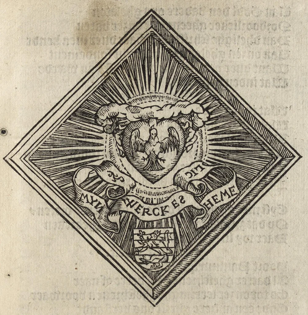 An illustration from Spelen va[n] zi[n]ne byden xix. gheco[n]firmeirde[n] cameren van rhetorijcken : binne[n[ der stede van Ghendt co[m]parerende, [ver]tooght, volghende den octroye vander K. Maiesteyt, Graue va[n] Vlaendren, onzen gheduchte[n] heere, schepenen der zeluer stede en[de] camere van rhetorijcke vand' helighe Drivuldigheyt ghezeyt de Fonteynisten, verleent, en[de] der quarte wtghezo[n]de[n] op de questye welc de[n] me[n]sche steruen[de] meesten troost es : de zelue spelen beghinnende by ordre zoo, hier naer volght den xij. junij int jaer MCCCCCxxxix, en[de] wierden vulspeilt en[de] ghehendt den xxiij. vanden jare en[de] maendt voorschreuen, 1539, leaf 28