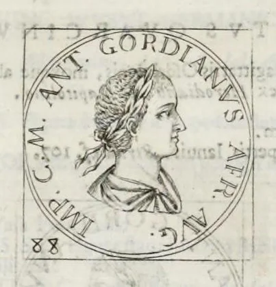 An illustration from Imperatorum Romanorum numismata a Pompeo Magno ad Heraclium ab Adolfo Occone olim congesta : nunc Augustorum iconibus, perpetuis historico-chronologicis notis, pluribusque additamentis illustrata, & aucta. Sac. Caesareae et Regiae Maiestati Inuictissimi, et Clementissimi Leopoldi Primi Optimi Maximi, Augustorum Augusti exhibita studio, et cura Francisci Mediobarbi Biragi S.R.I. comitis, & regiae ciuitatis Papiae decurionis, 1683, leaf 351
