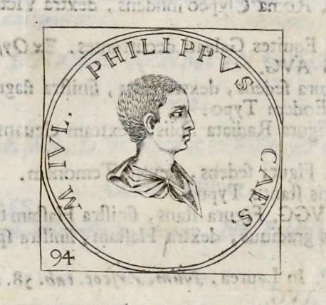 An illustration from Imperatorum Romanorum numismata a Pompeo Magno ad Heraclium ab Adolfo Occone olim congesta : nunc Augustorum iconibus, perpetuis historico-chronologicis notis, pluribusque additamentis illustrata, & aucta. Sac. Caesareae et Regiae Maiestati Inuictissimi, et Clementissimi Leopoldi Primi Optimi Maximi, Augustorum Augusti exhibita studio, et cura Francisci Mediobarbi Biragi S.R.I. comitis, & regiae ciuitatis Papiae decurionis, 1683, leaf 368