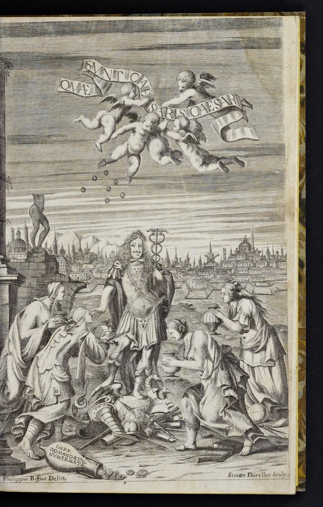 An illustration from Imperatorum Romanorum numismata a Pompeo Magno ad Heraclium ab Adolfo Occone olim congesta : nunc Augustorum iconibus, perpetuis historico-chronologicis notis, pluribusque additamentis illustrata, & aucta. Sac. Caesareae et Regiae Maiestati Inuictissimi, et Clementissimi Leopoldi Primi Optimi Maximi, Augustorum Augusti exhibita studio, et cura Francisci Mediobarbi Biragi S.R.I. comitis, & regiae ciuitatis Papiae decurionis, 1683, leaf 6