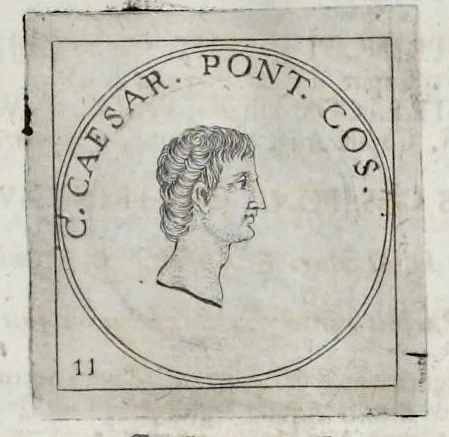 An illustration from Imperatorum Romanorum numismata a Pompeo Magno ad Heraclium ab Adolfo Occone olim congesta : nunc Augustorum iconibus, perpetuis historico-chronologicis notis, pluribusque additamentis illustrata, & aucta. Sac. Caesareae et Regiae Maiestati Inuictissimi, et Clementissimi Leopoldi Primi Optimi Maximi, Augustorum Augusti exhibita studio, et cura Francisci Mediobarbi Biragi S.R.I. comitis, & regiae ciuitatis Papiae decurionis, 1683, leaf 76