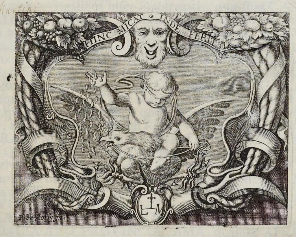 An illustration from Imperatorum Romanorum numismata a Pompeo Magno ad Heraclium ab Adolfo Occone olim congesta : nunc Augustorum iconibus, perpetuis historico-chronologicis notis, pluribusque additamentis illustrata, & aucta. Sac. Caesareae et Regiae Maiestati Inuictissimi, et Clementissimi Leopoldi Primi Optimi Maximi, Augustorum Augusti exhibita studio, et cura Francisci Mediobarbi Biragi S.R.I. comitis, & regiae ciuitatis Papiae decurionis, 1683, leaf 8