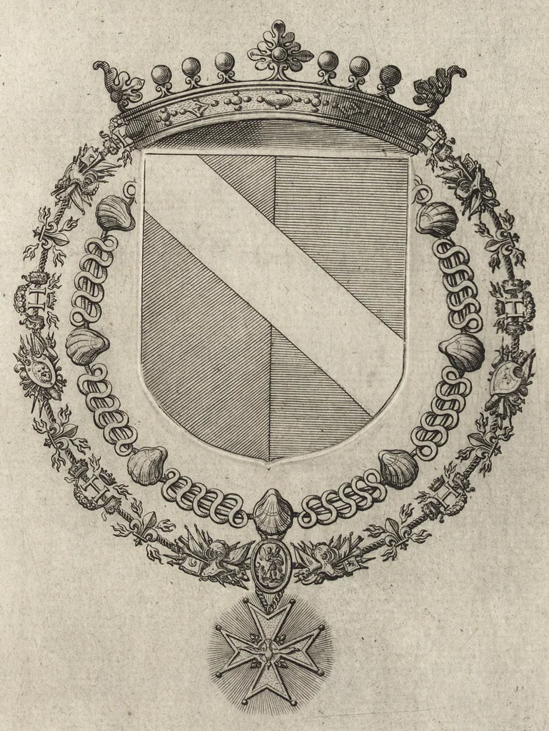 An illustration from Les noms, surnoms, qualitez, armes, et blasons des cheualiers et officiers de l'Ordre du S. Esprit : creez par Louis le Iuste, XIII du nom, roy de France et de Navarre, a Fontainebleau, le 14 May 1633 : auec les figures en taille-douces, curieusement grauées, et representant au vray les ceremonies et vestemens desdits sieurs cheualiers : et vn ample discours sur ce qui s'y est passé, 1634, leaf 104